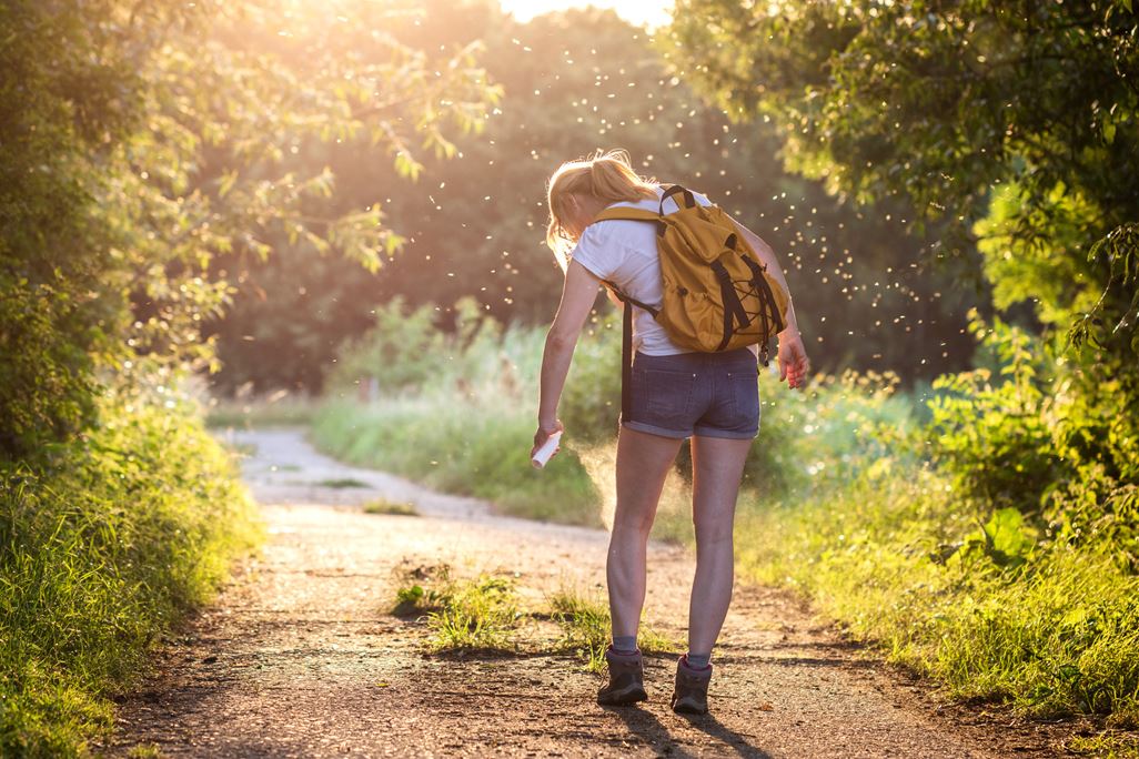 Woman applying insect repellent on skin to avoid mosquito bites.