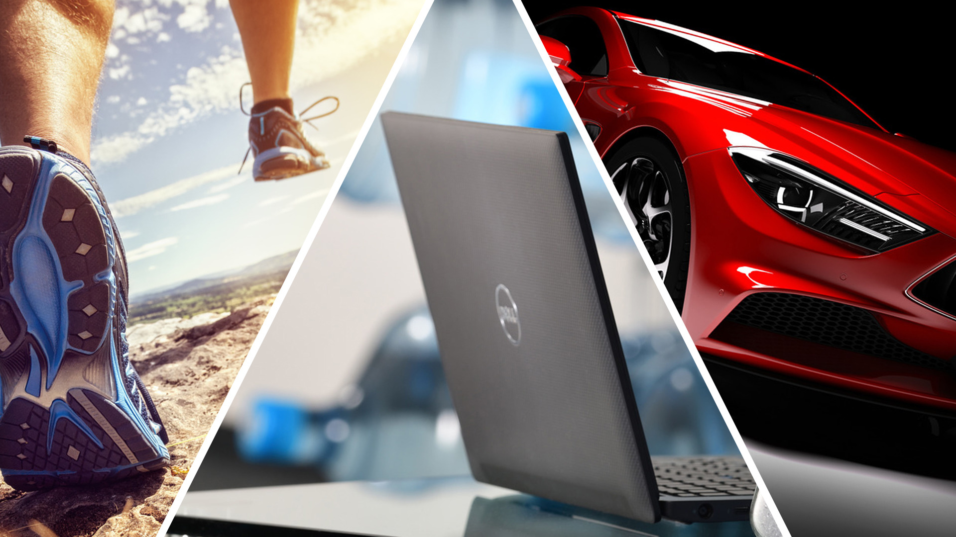 Running Shoe, Laptop, red car, 3 pictures, combined pictures, collage, sports, consumer electronics, automotive
