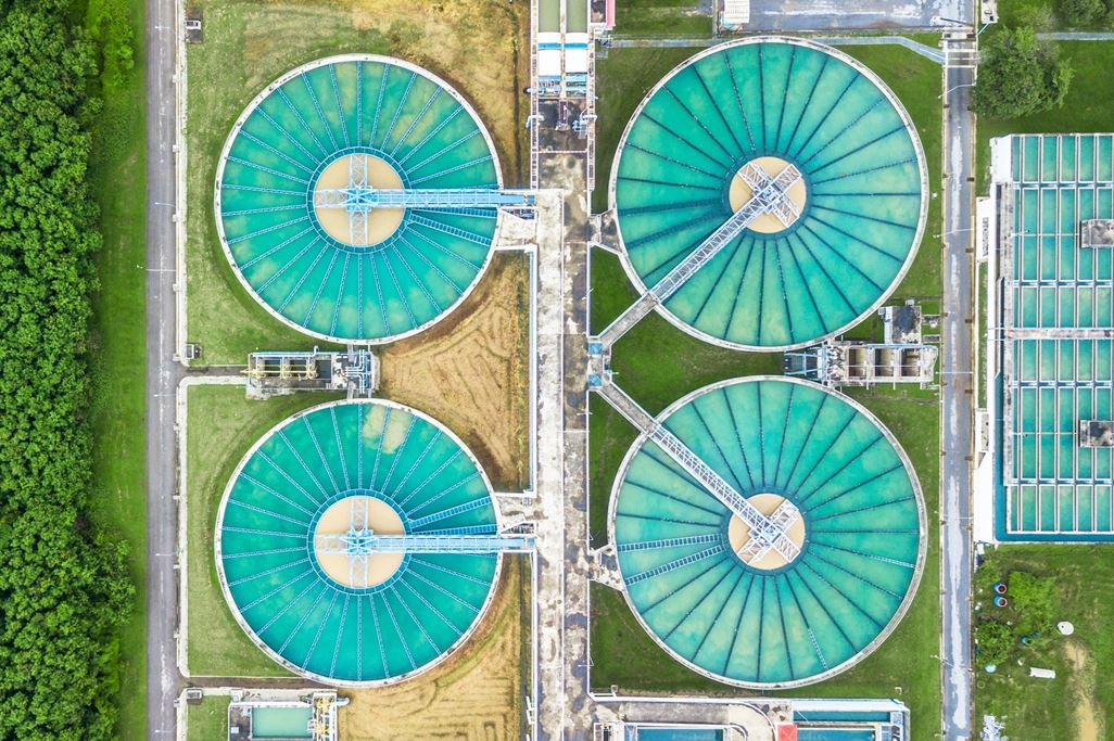 Aerial top view recirculation solid contact clarifier sedimentation tank, Water treatment plant.