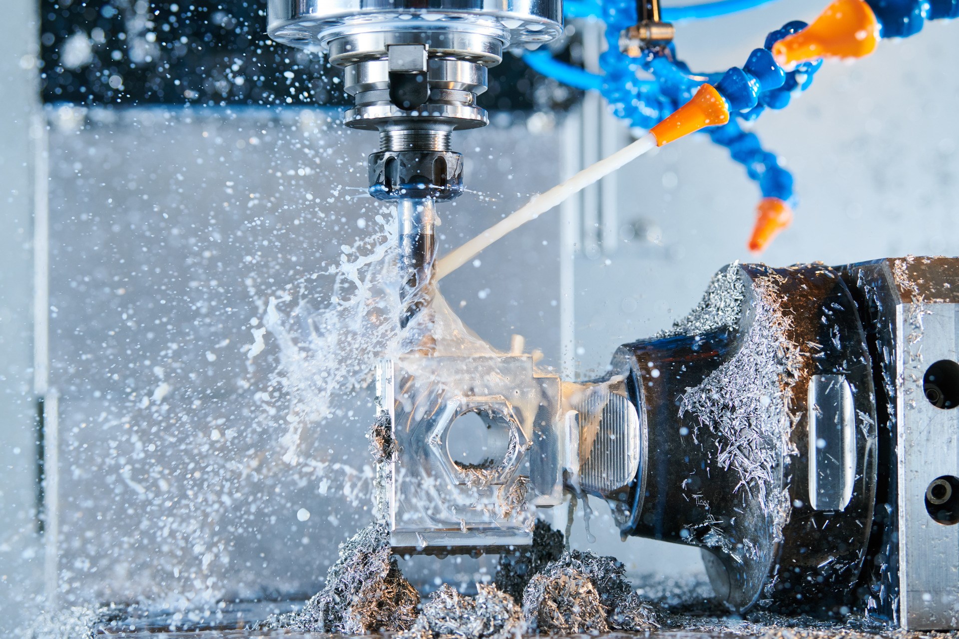 Milling metalworking process. cutting end-tooth vertical mill at factory.