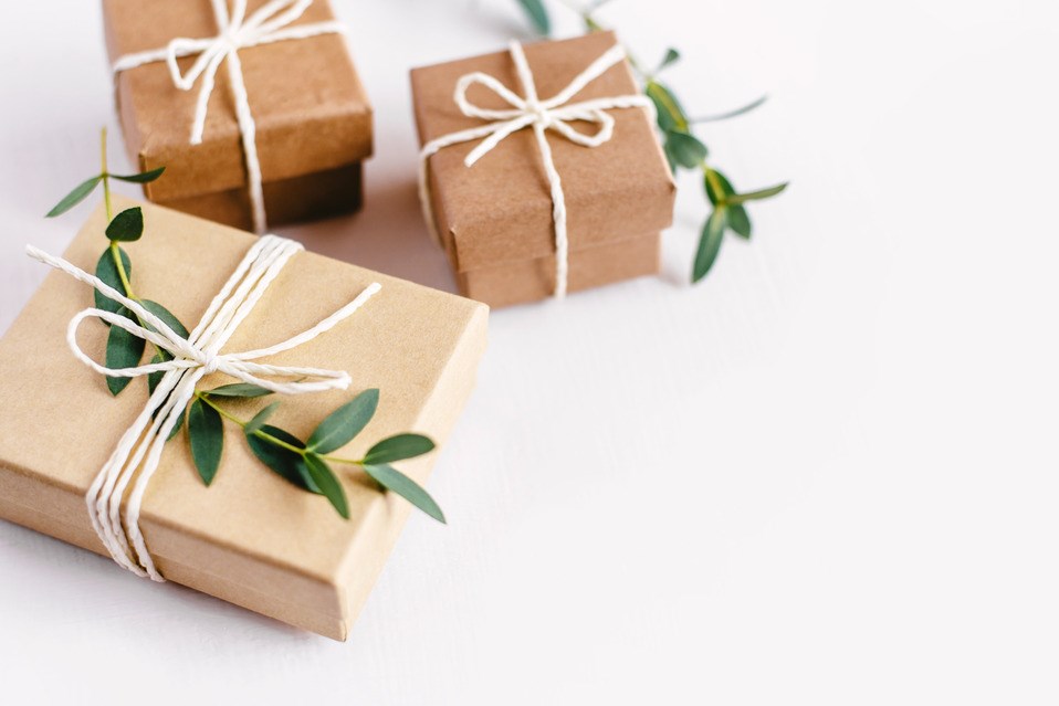 Craft gift boxes on white background.
