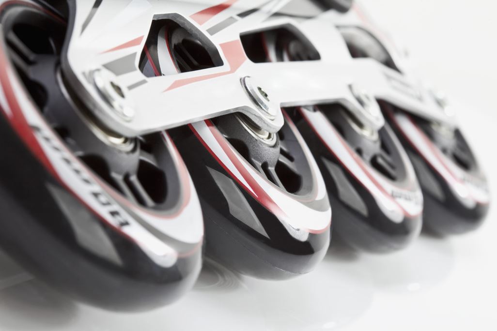Close-up of the rollers of inline skates