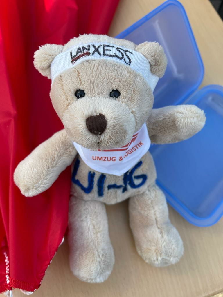 The Heisenbär in LANXESS accessories, that the students have sent to the startosphere among the balloon as an act of gratitude towards LANXESS for financing this project.