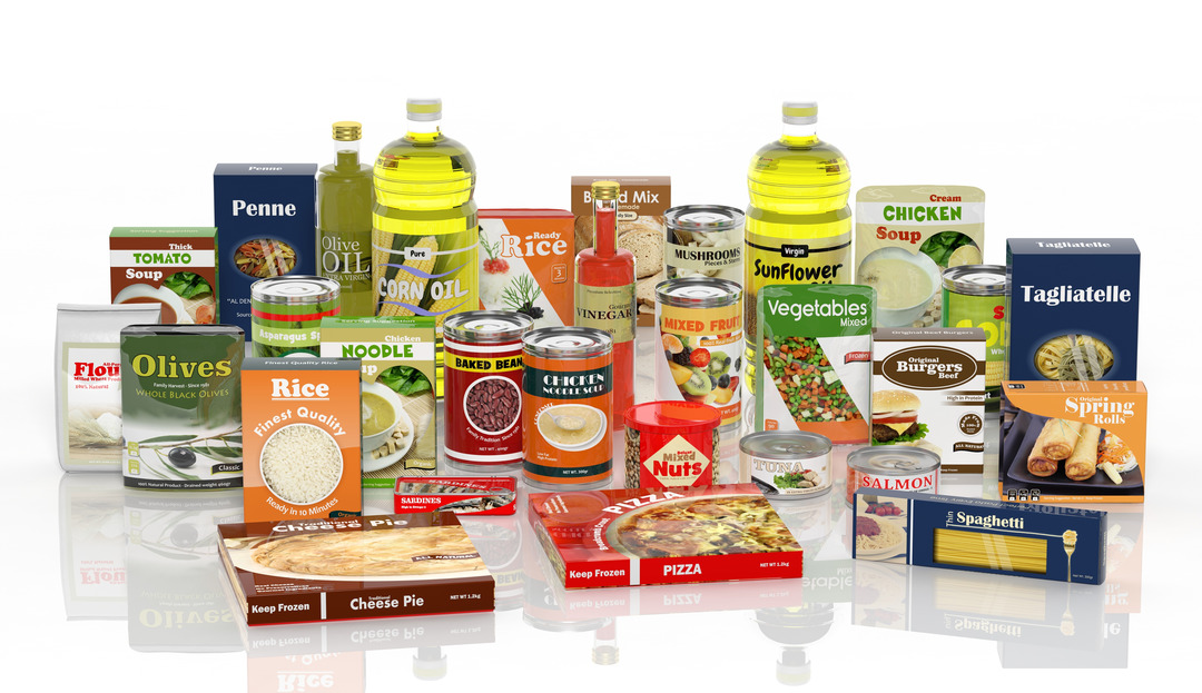 3D collection of packaged food isolated on white background