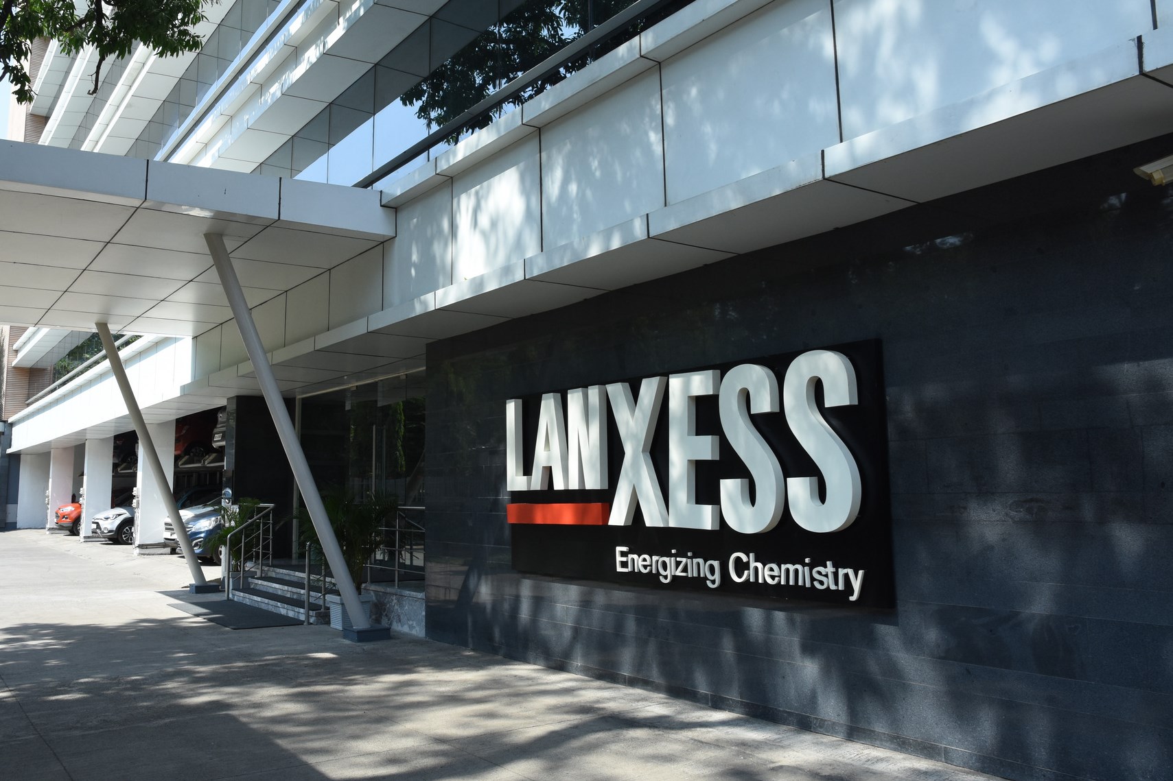 India Head office, LANXESS house front gate picture with LANXESS Logo getting focused 