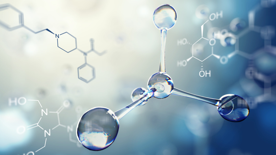 3d illustration of molecule model. Science background with molecules chemical formulas