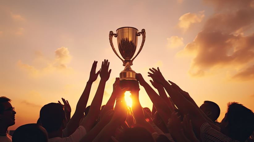 Victorious team triumphs under sunset with trophy and numerous silhouetted hands