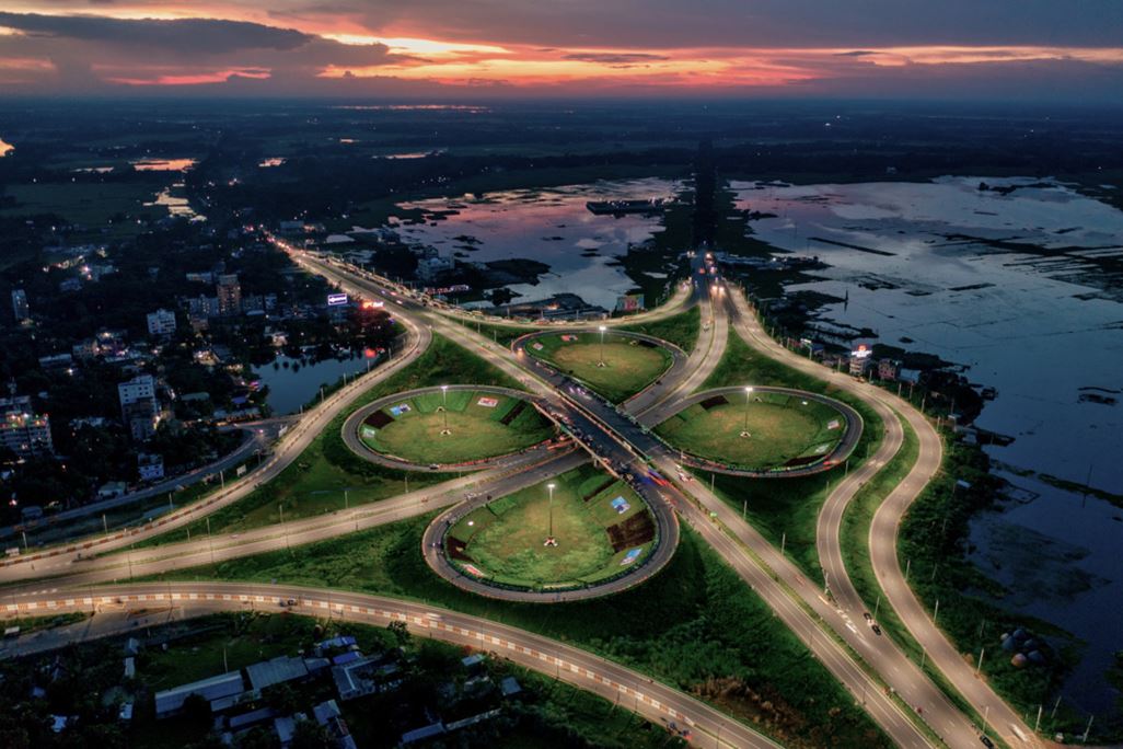 Aerial view of Bhanga four circle, a complex road intersection in Faridpur, Bangladesh.