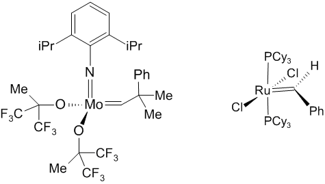 Metathesis catalysts of the Schrock type (left) and Grubbs type (right)