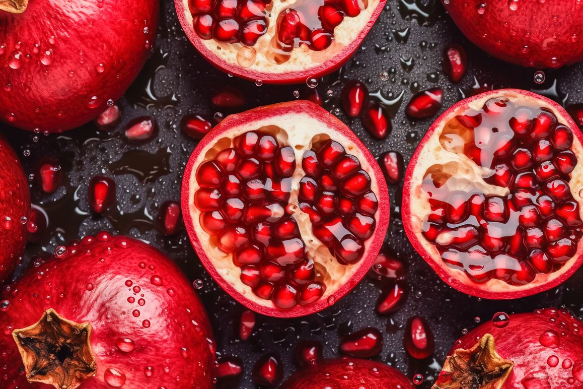 Granatapfel mit Wassertropfen auf dunklem Hintergrund. Generative KI