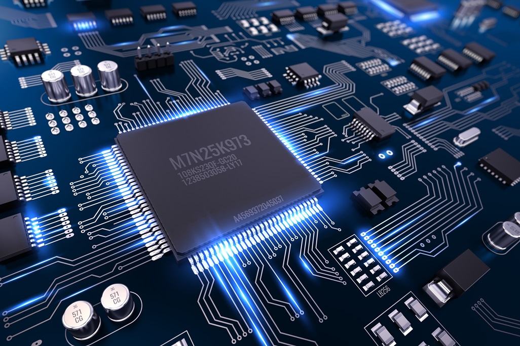 High tech electronic PCB (Printed circuit board) with processor and microchips. 3d illustration