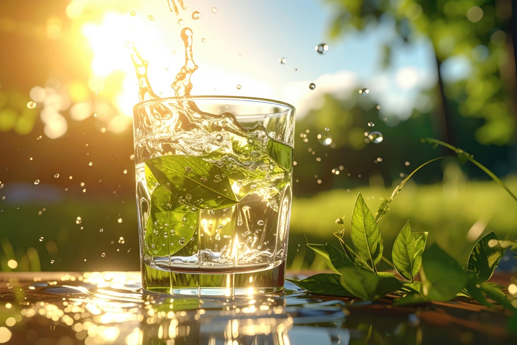 Refreshing Mint Infused Water with Splashes under Sunlight in Green Garden
