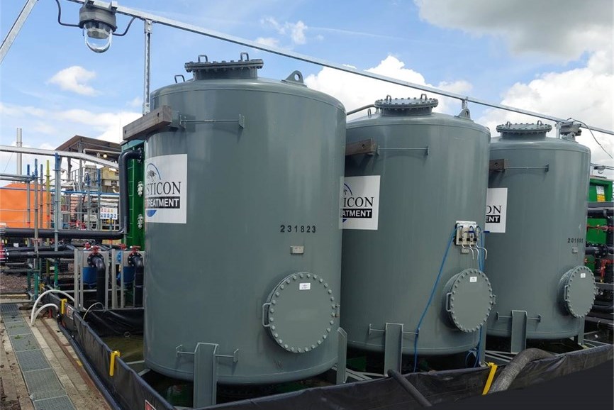 Three-stage ion exchange resin vessel cascade for adsorption of short-chain PFAS at Chemours in Dordrecht, South Holland (Netherlands). 